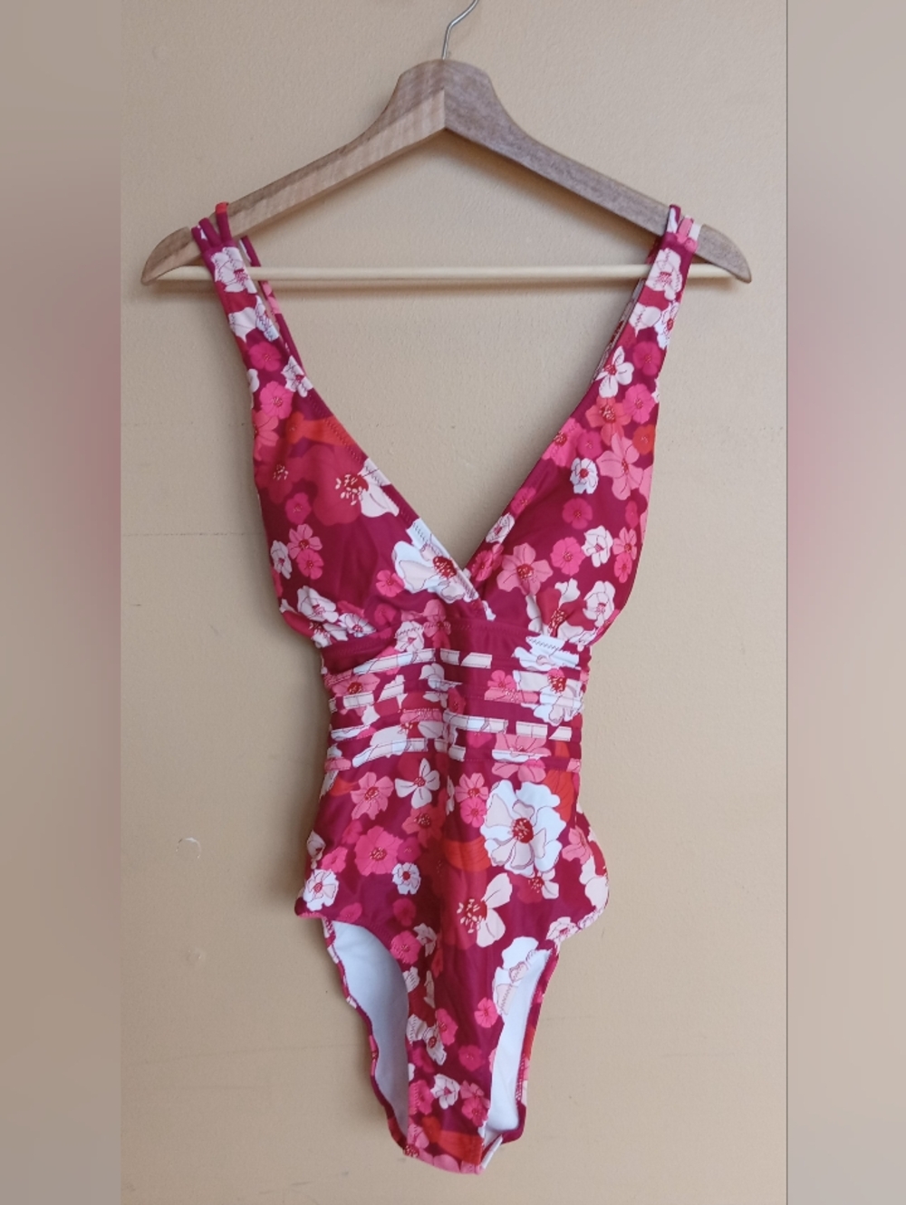 Floral V-Neck One-Piece Swimsuit in Magenta Pink
